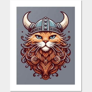 Funny Viking Warrior Cat Norse Mythology Cartoon Portrait Posters and Art